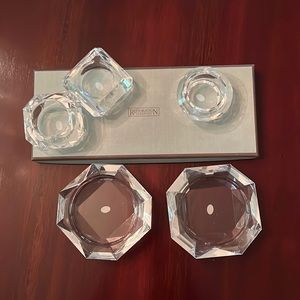 Restoration Hardware glass candle holders. 2 large, 3 small. Original boxes.